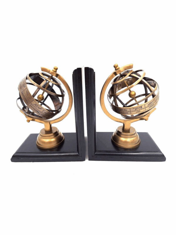 zestaw dwóch ekskluzywnych podpórek do książek z astrolabium do gabinetu na półkę
