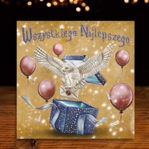kartka urodzinowa dla fana Hogwartu Harrego Pottera i Hedwigi