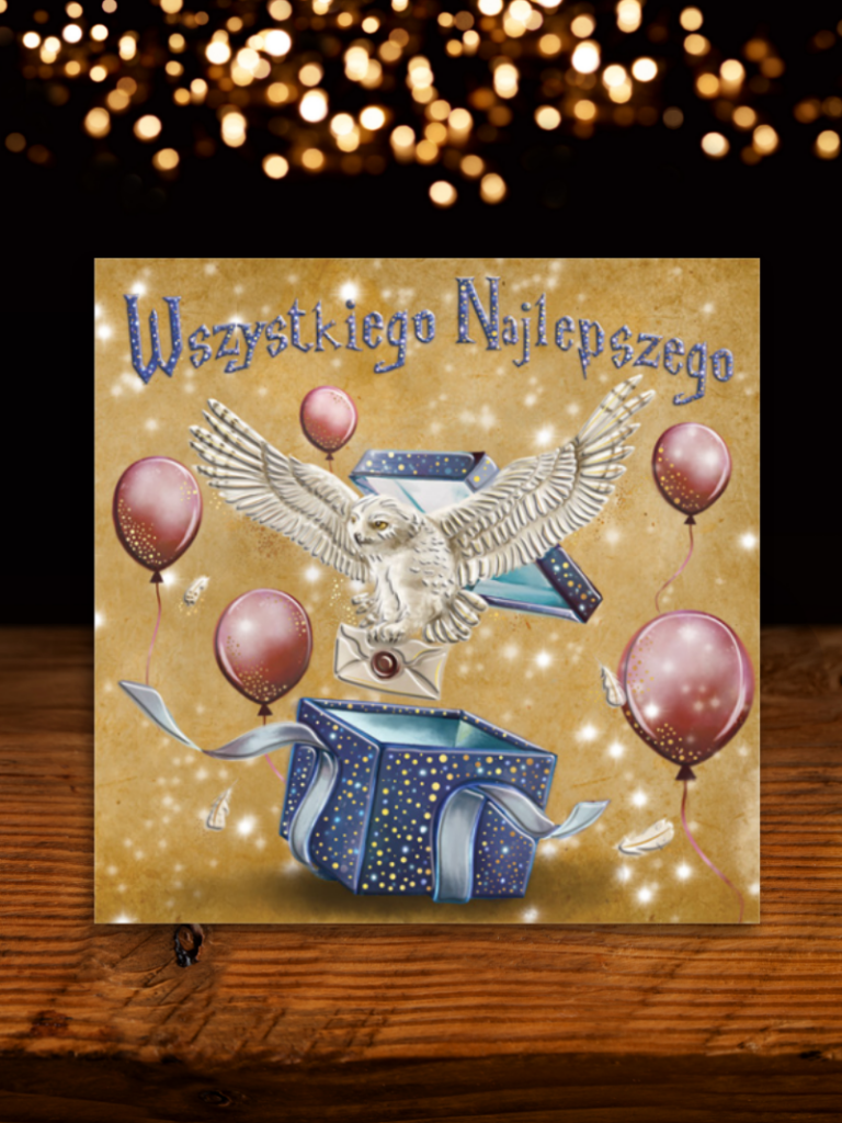 kartka urodzinowa dla fana Hogwartu Harrego Pottera i Hedwigi