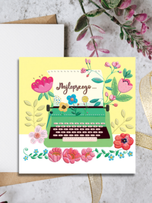 kartka na urodziny lub imieniny dla pisarki z motywem maszyny do pisania