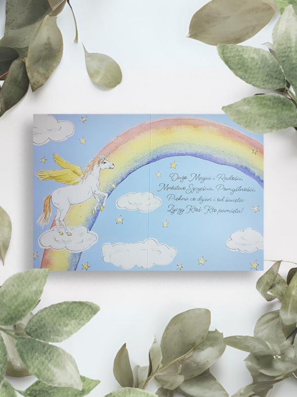 kartka okolicznościowa z życzeniami magii, z tęczą i jednorożcem