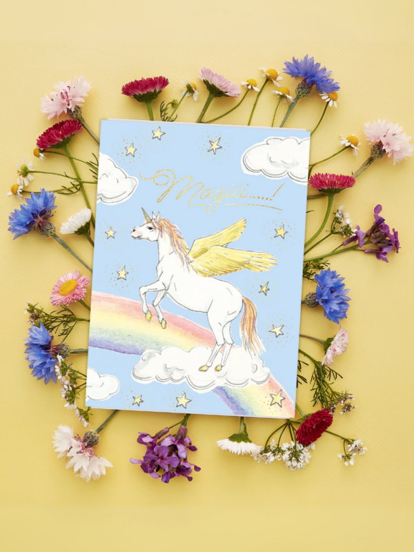 kartka na urodziny lub imieniny dla dziecka z tęczą i pegazem