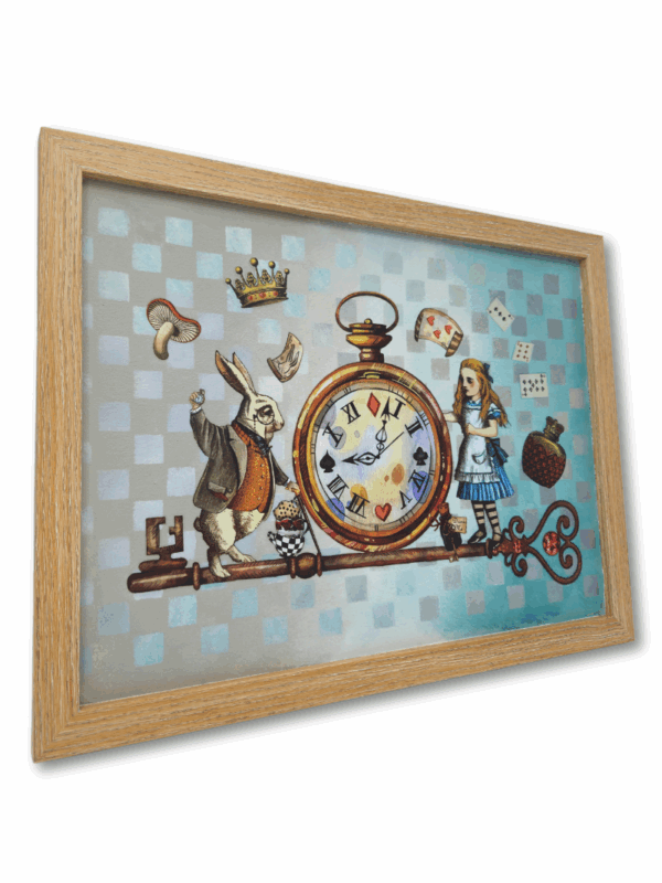 obraz z zegarem i Alicją w niebieskościach