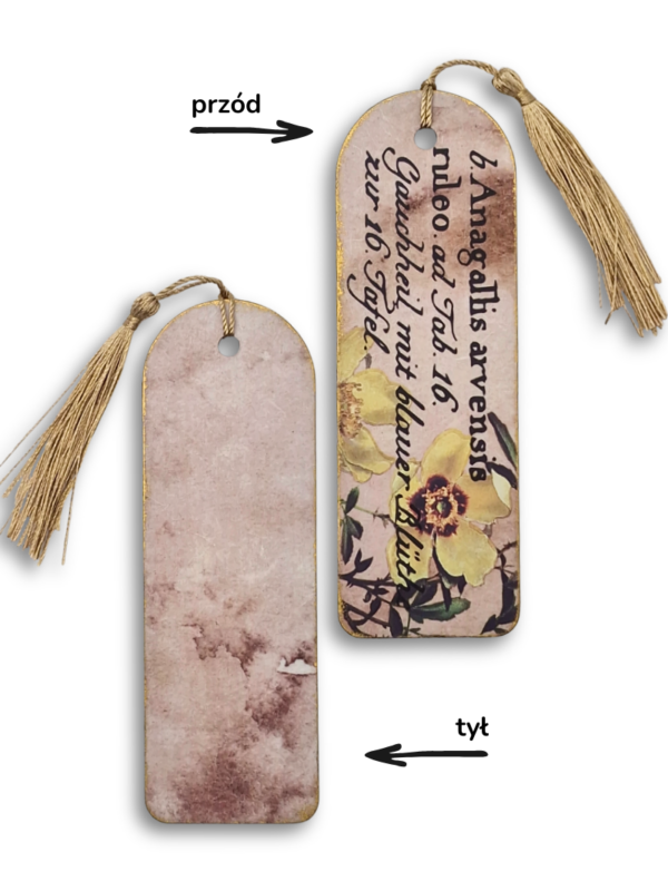 zakładka drewniana unikalna ręcznie robiona z motywem botanicznym jak stary zielnik Kurzyślad