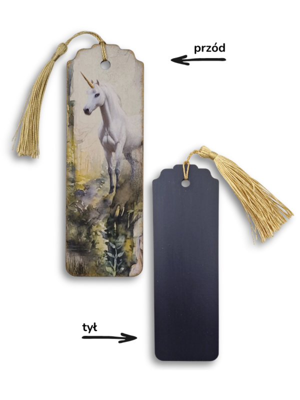 zakładka unikatowa drewniana wykonana ręcznie z motywem białego jednorożca i złotymi dodatkami