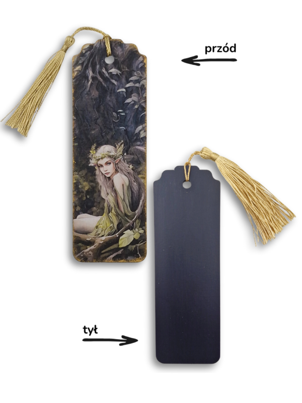 unikatowa zakładka drewniana ręcznie wykończona z motywem leśnej nimfy z ozdobnym chwostem
