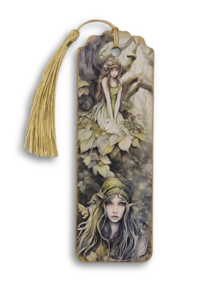 Zakładka z serii mityczne stworzenia z motywem leśnych nimf ze złotym frędzlem