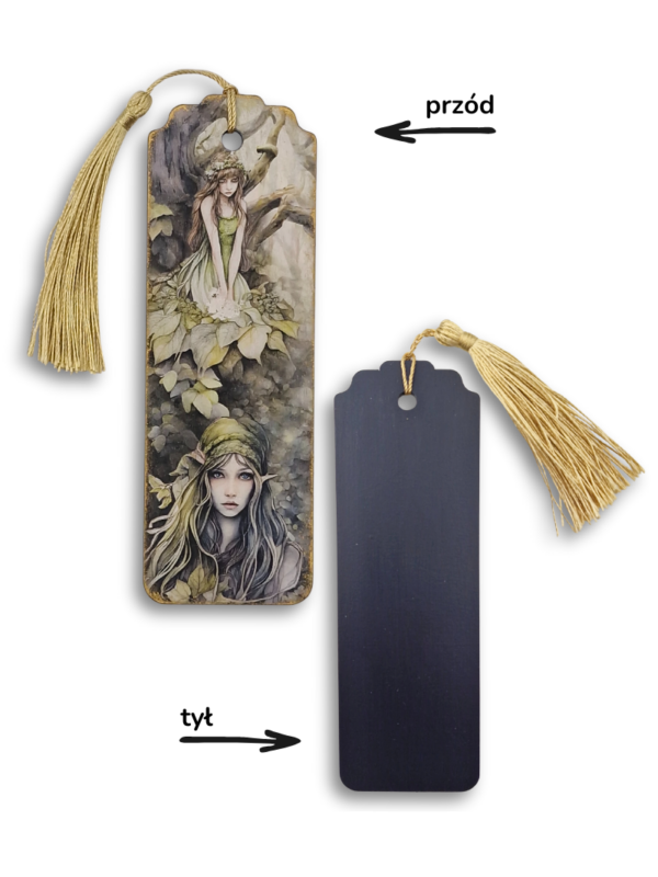 zakładka unikatowa handmade z motywem leśnych nimf i złotymi detalami