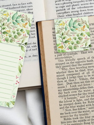 zakładka_magnetyczna_notka_listki_polne_01 zakładka magnetyczna z zielonymi listkami i złoceniami z miejscem na notatkę