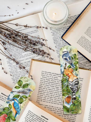 zakładka do książki z motywem ptaków polskich: dudka, zimorodka, rudzika