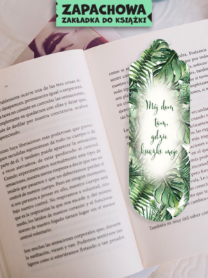 zakładka z napisem mój dom tam, gdzie książki moje z roślinami doniczkowymi, monsterami, palmami i paprociami
