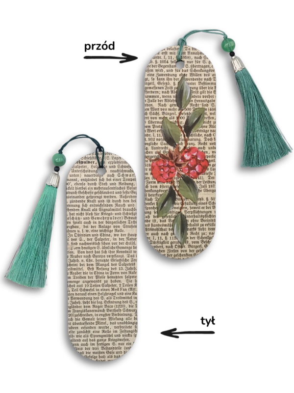 Zakładka drewniana ręcznie wykończona starym drukiem i motywem botanicznym w maliny