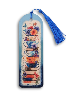 zakładka w kolorze niebieskim z filiżankami i książkami i ozdobnym frędzlem