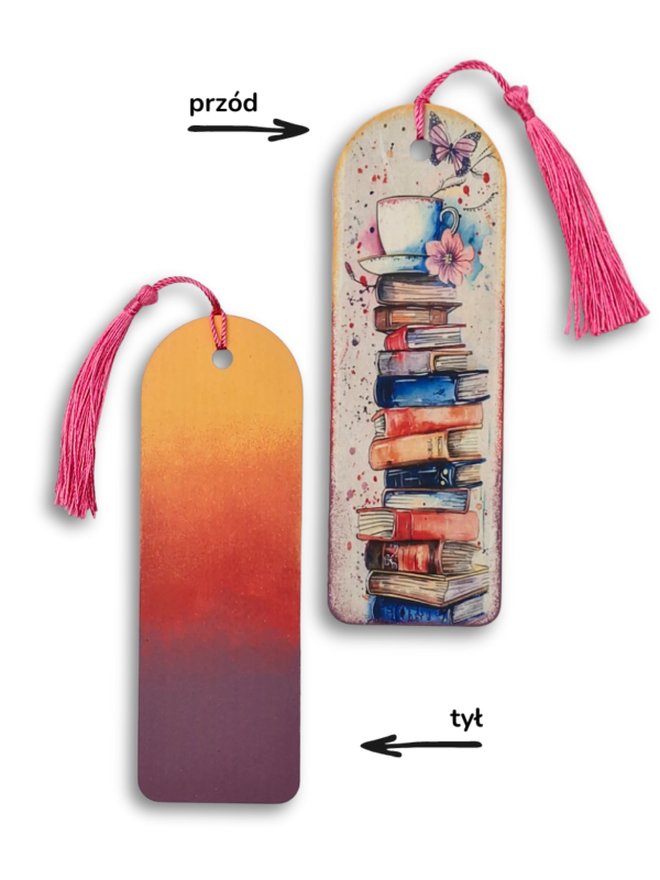zakładka ręcznie wykonana kolorowa z ombre i motywem książek, kawy i kwiatów