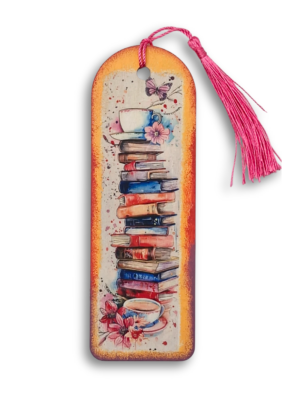 zakładka do ksiązki handmade z motywem książek i kawy kolorowa