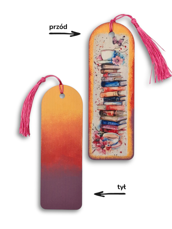 unikatowa kolorowa zakładka do książki z drewna dla miłośników czytania, książek i kawy