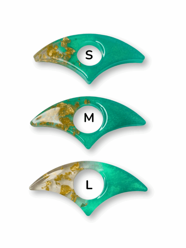 rozmiary uchwytów do książek na kciuk z żywicy turkusowe