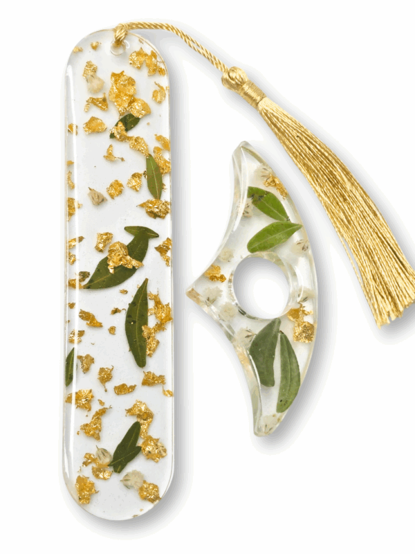 zestaw z żywicy na prezent zakładka i uchwyt na kciuk do książki ze złotymi drobinkami i złotym frędzlem