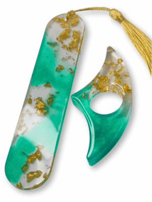 zestaw prezentowy dla miłośniczki książek i czytania uchwyt na kciuk i zakładka do książki z żywicy w kolorze turkusowym ze złotymi płatkami