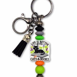 breloczek na prezent dla miłośniczek kotów i czytania książek zabawny kolorowy