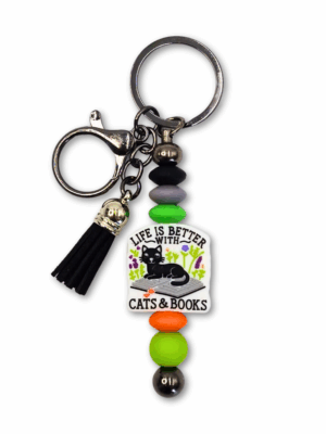 breloczek na prezent dla miłośniczek kotów i czytania książek zabawny kolorowy