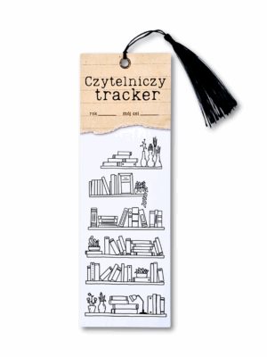 czytelniczy tracker w formie zakładki motywuje i systematyzuje czytanie książek półki z książkami do kolorowania i śledzenia postępów czytelniczych