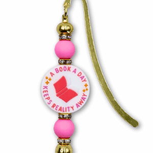 zakładka dla miłośniczki książek i czytania z książką i napisem book a day keep reality away