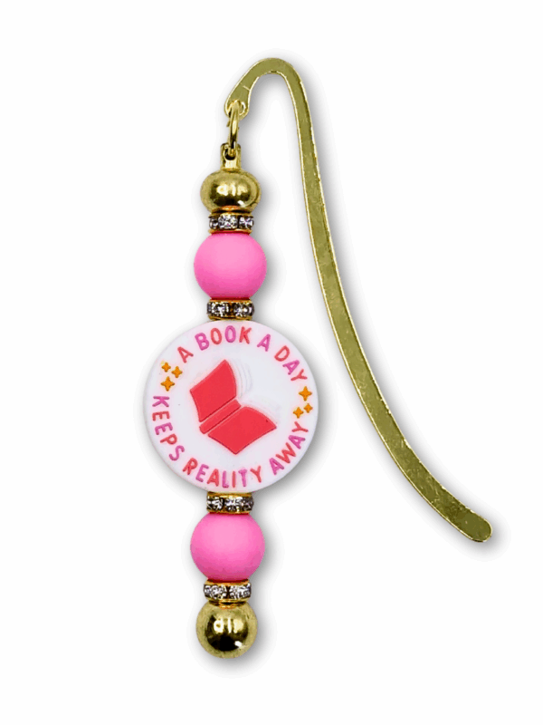 zakładka dla miłośniczki książek i czytania z książką i napisem book a day keep reality away