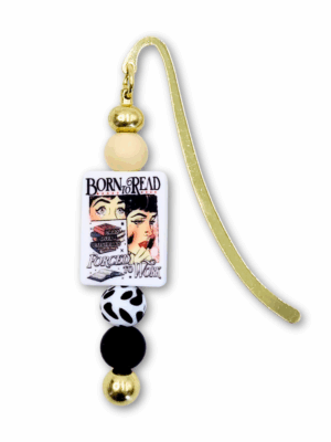 zakładka na prezent dla książkoholiczki biel, czerń i beż z napisem born to read forced to work