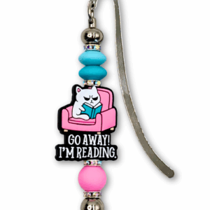 zabawna zakładka do książki z kotem i napisem go away i'm reading różowo turkusowa