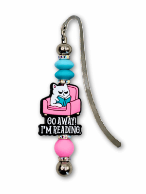 zakładka_koraliki_go_away_cat_01 zabawna zakładka do książki z kotem i napisem go away i'm reading różowo turkusowa