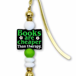 zakładka metalowa do książki z koralikami i zabawnym tekstem books are cheaper than therapy. w kolorze zielony biały i złoty