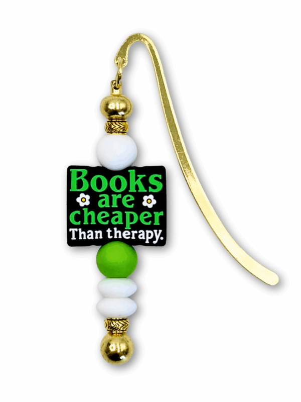 zakładka metalowa do książki z koralikami i zabawnym tekstem books are cheaper than therapy. w kolorze zielony biały i złoty