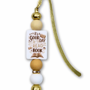 zakładka metalowa z koralikami dla miłośniczki książek i czytania z napisem It's a good tay to read book złota