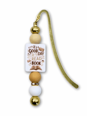 zakładka_koraliki_good_day_to_read_01 zakładka metalowa z koralikami dla miłośniczki książek i czytania z napisem It's a good tay to read book złota