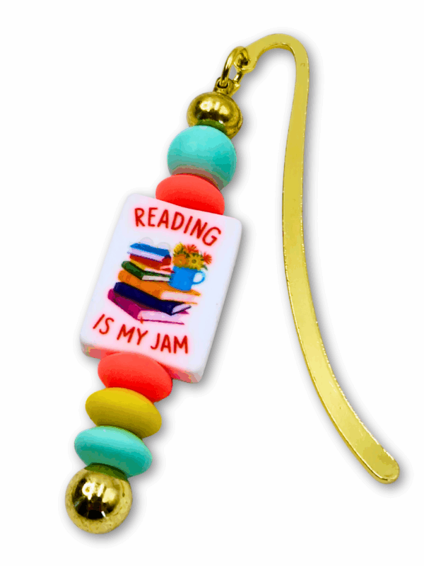 zakładka metalowa z silikonowymi koralikami reading is my jam dla osoby lubiącej czytać książki