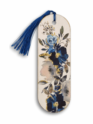 zakladki_drewniane_granatowe_kwiaty_01 zakładka granatowo-złota kwiaty z chwostem prezent dla kobiety