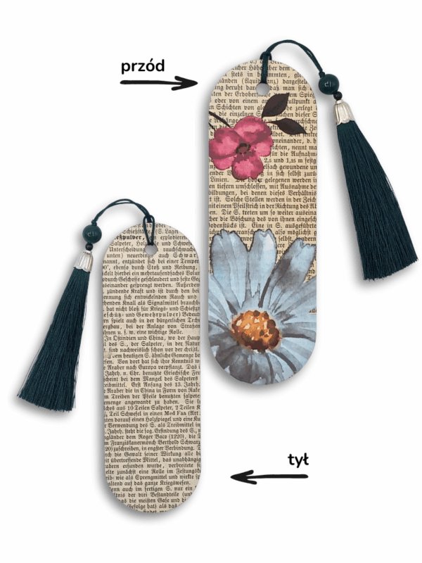 tył i przód zakładki zdobionej starym drukiem i kwiatami