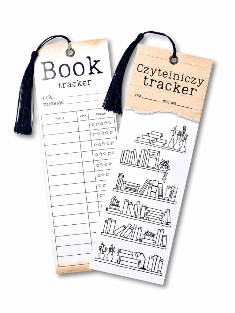 zestaw dwóch book trackerów w stylu vintage zakładki do zapisywania i zakreślania ilości przeczytanych książek