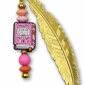zakładka metalowa złote pióro z różowymi akcentami i napisem bookish girlie idealna zakładka na prezent dla czytającej dziewczyny