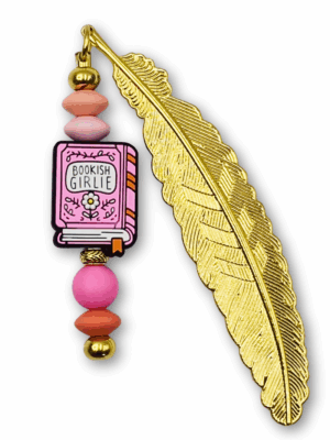 zakładka metalowa złote pióro z różowymi akcentami i napisem bookish girlie idealna zakładka na prezent dla czytającej dziewczyny