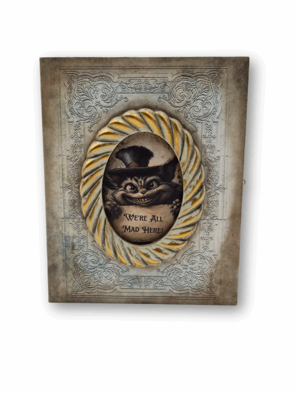 kot z alicji ozdobne pudełko drewniane w kształcie książki