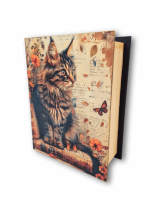 ozdobne pudełko z pręgowanym kotem siedzącym na książce rękodzieło na prezent dla miłośniczki książek i kotów