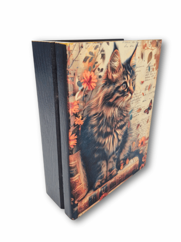 pudełko szkatułka w kształcie książki jako prezent dla miłośniczek książek i czytania z wizerunkiem kota pręgowanego