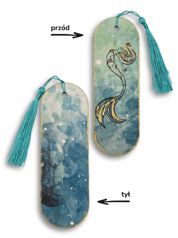 rękodzieło zakładka drewniana do książek z motywem pozłacanej syreny na turkusowym tle
