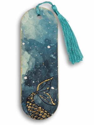 zakładka do książki w kolorze turkusowej wody z motywem syreniego ogona złocona