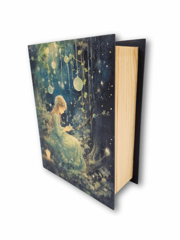ozdobne drewniane pudełko w kształcie książki dla miłośniczki książek i czytania magiczne z dziewczynką w sekretnym tajemniczym ogrodzie