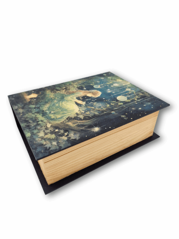 ozdobne pudełko w kształcie książki idealne na prezent dla dziewczynki która lubi czytać na zdjęcia, zakładki i pamiątki