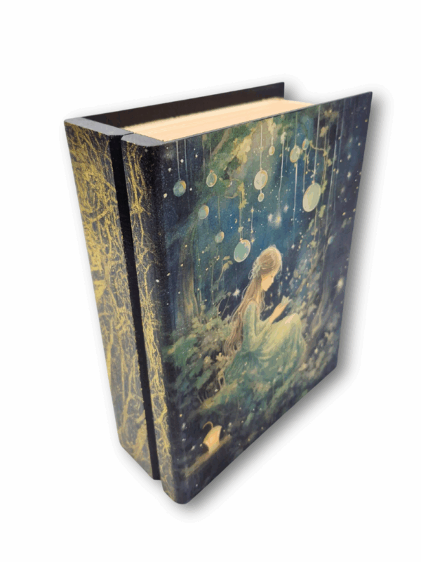 drewniane złocone pudełko handmade na prezent dla miłośniczki książek i czytania