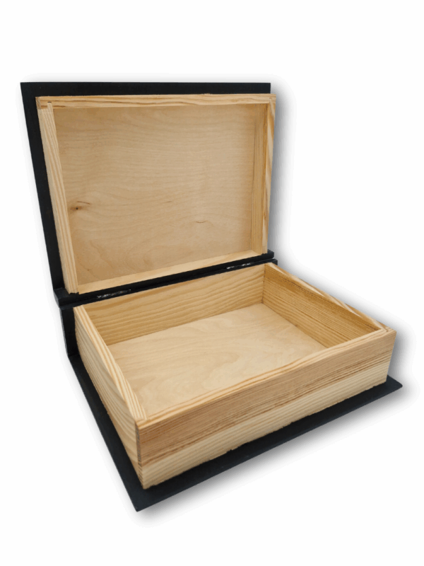 wnętrze drewnianego book boxa w naturalnym wykończeniu drewnianym